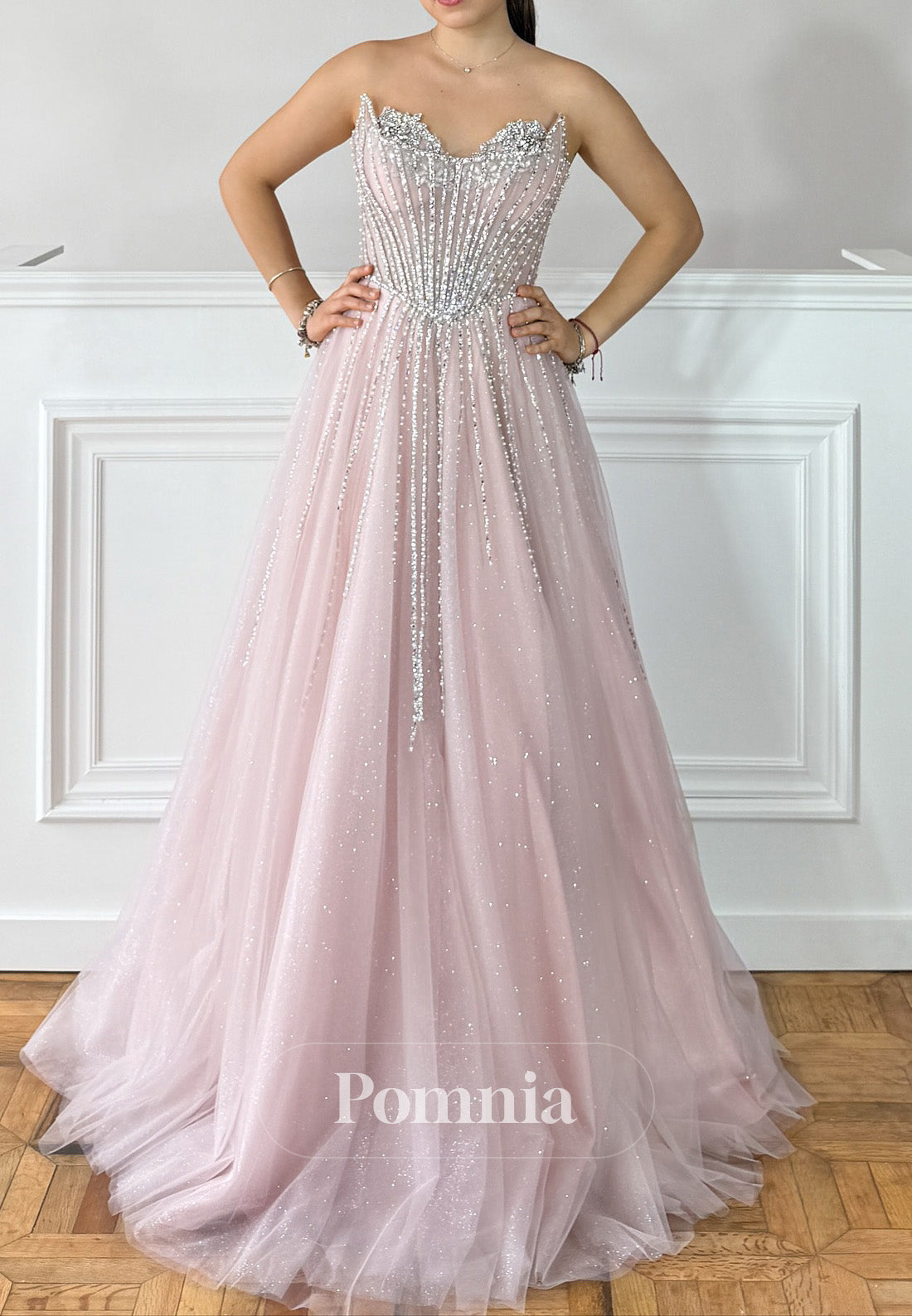 Blushing Pink Sleeveless Strapless Beads Lace Prom Dress