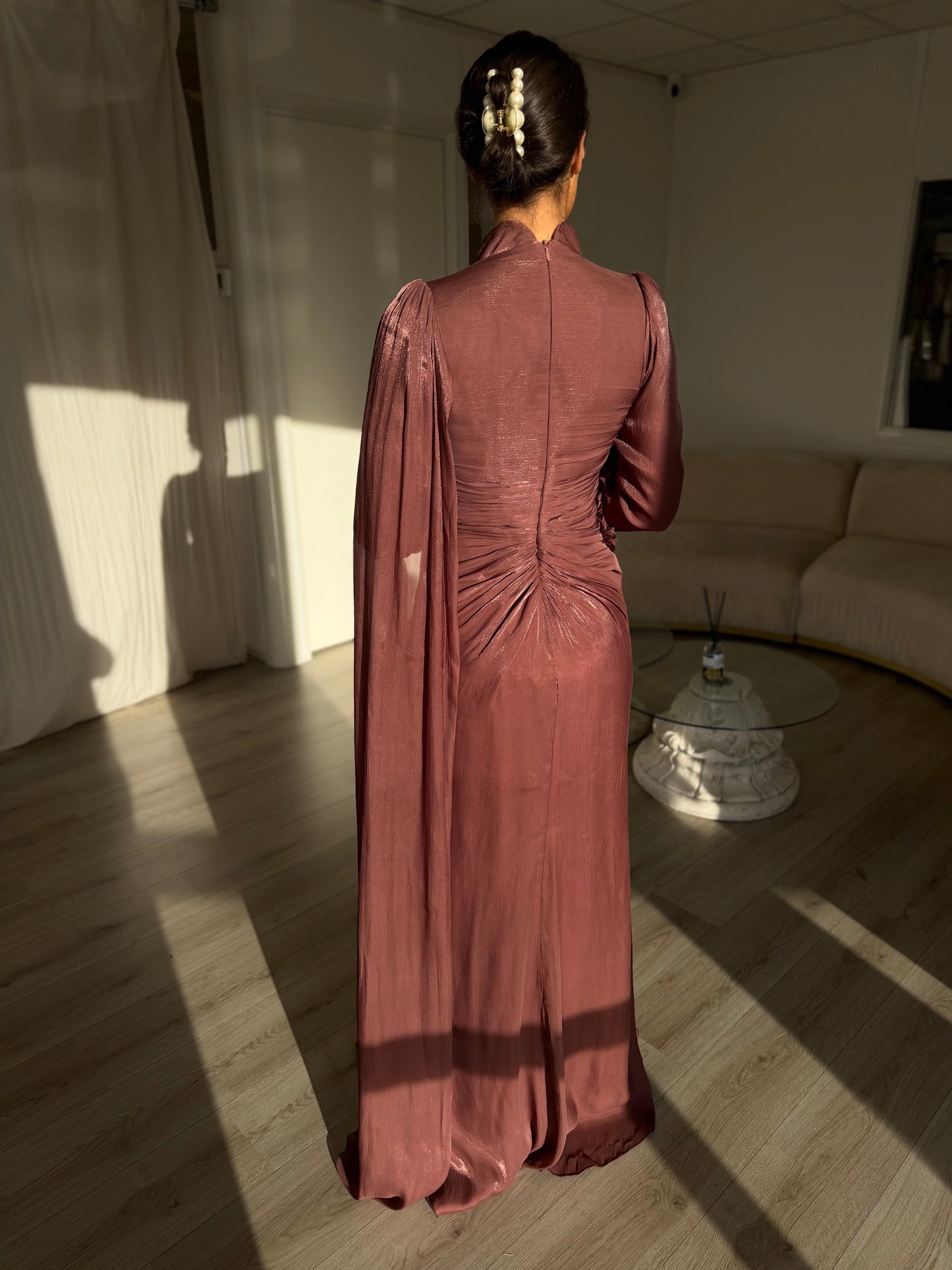 Rosewood High Neck Long Sleeves Ruched Flower Evening Formal Dress