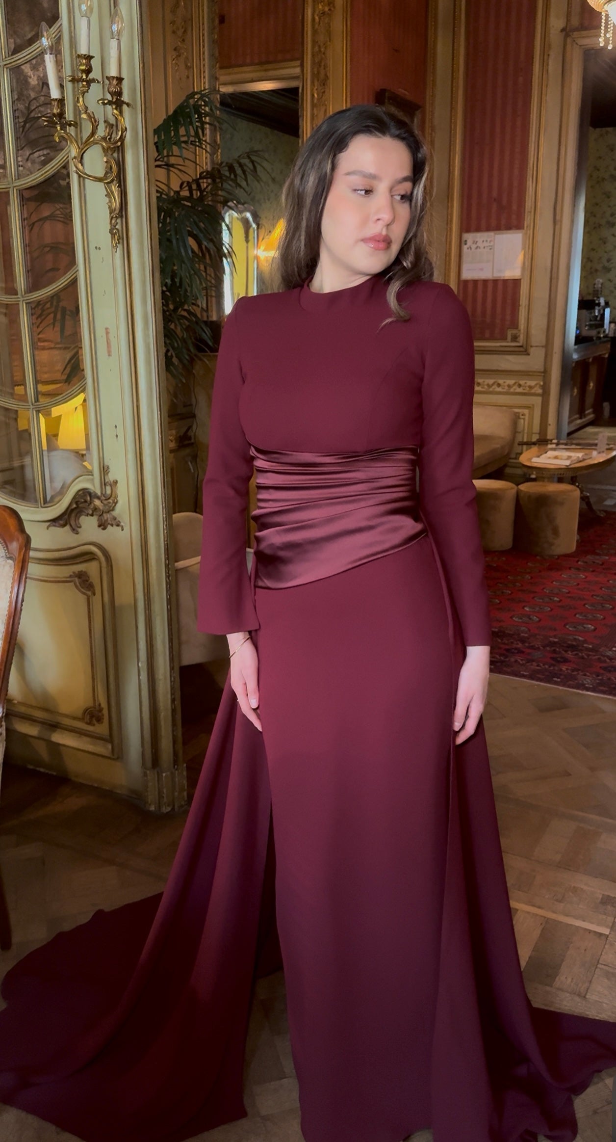 Burgundy Sheath High Neck Long Sleeves Evening Dress
