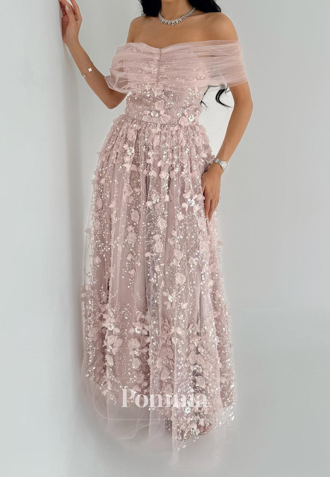 Charming A-Line Off-Shoulder 3D Floral Appliques Evening Dress