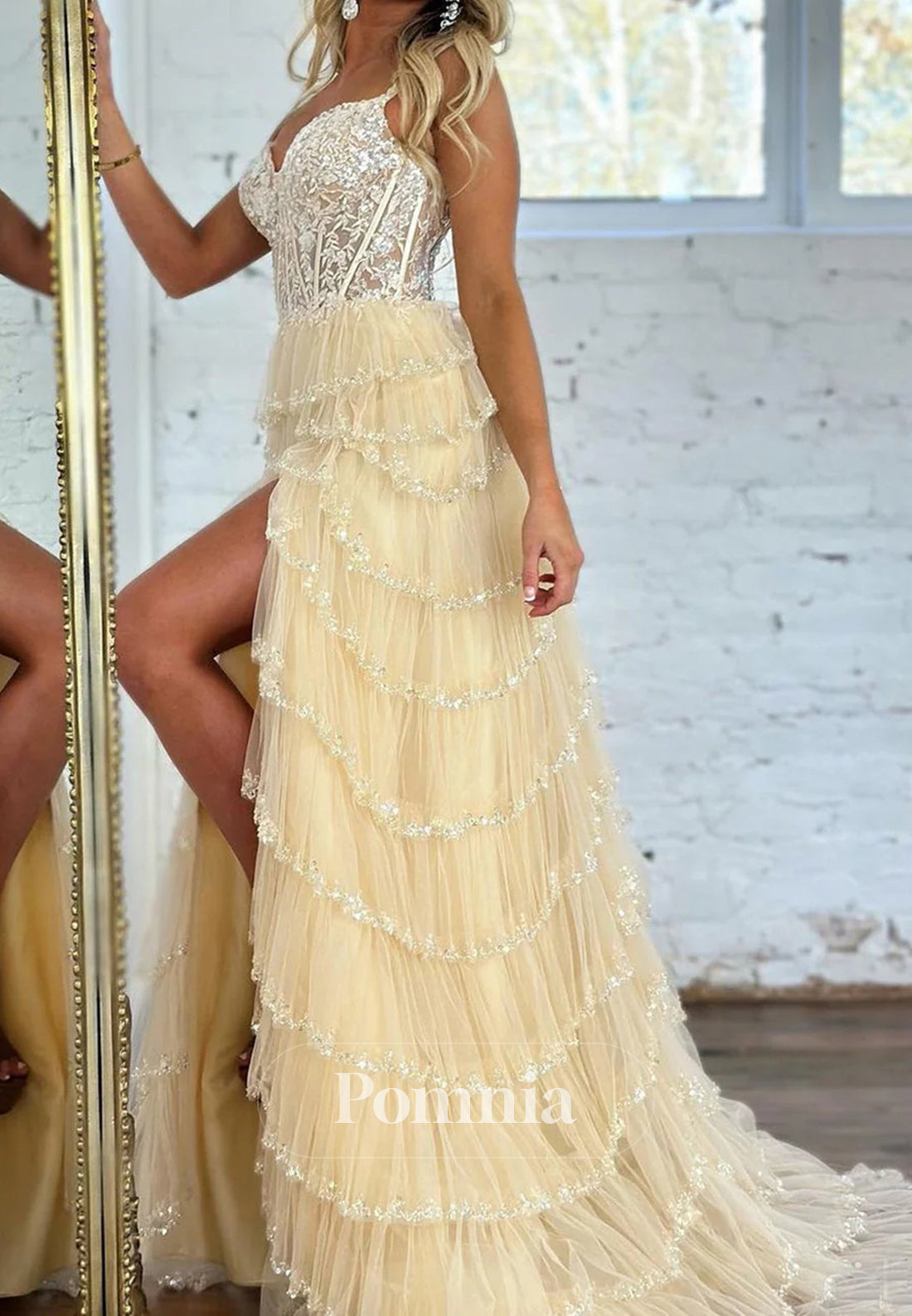 Charming Off The Shoulder A-Line Long Tiered Prom Dress With Sequin