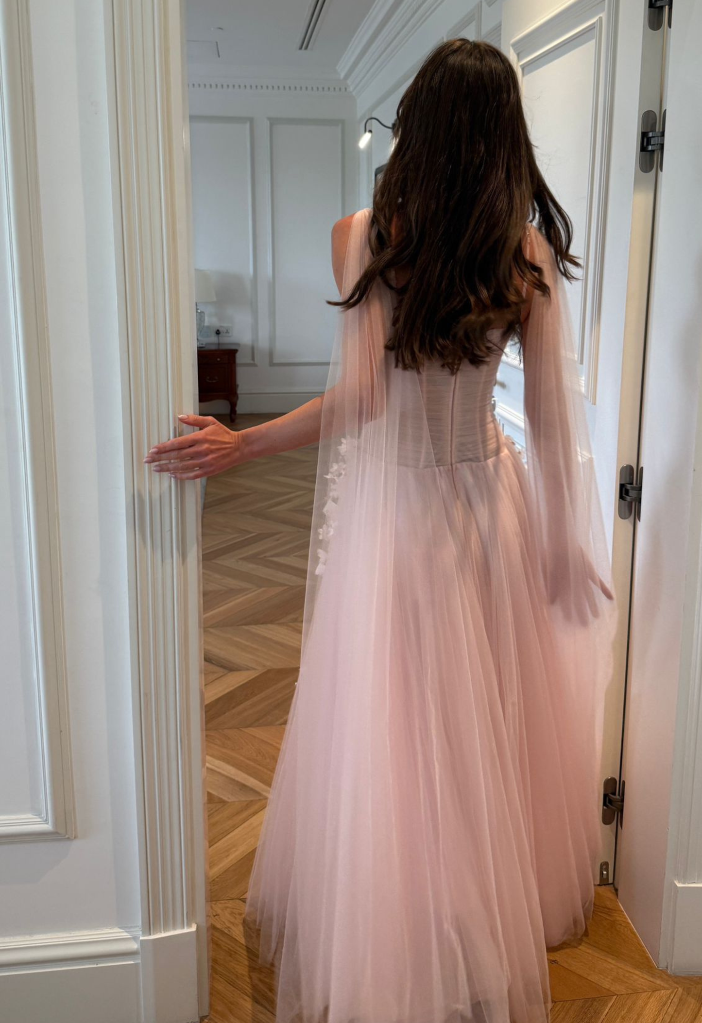 PinkA-Line Tulle Pleat Flowers Appliques Prom Dress Evening Dress