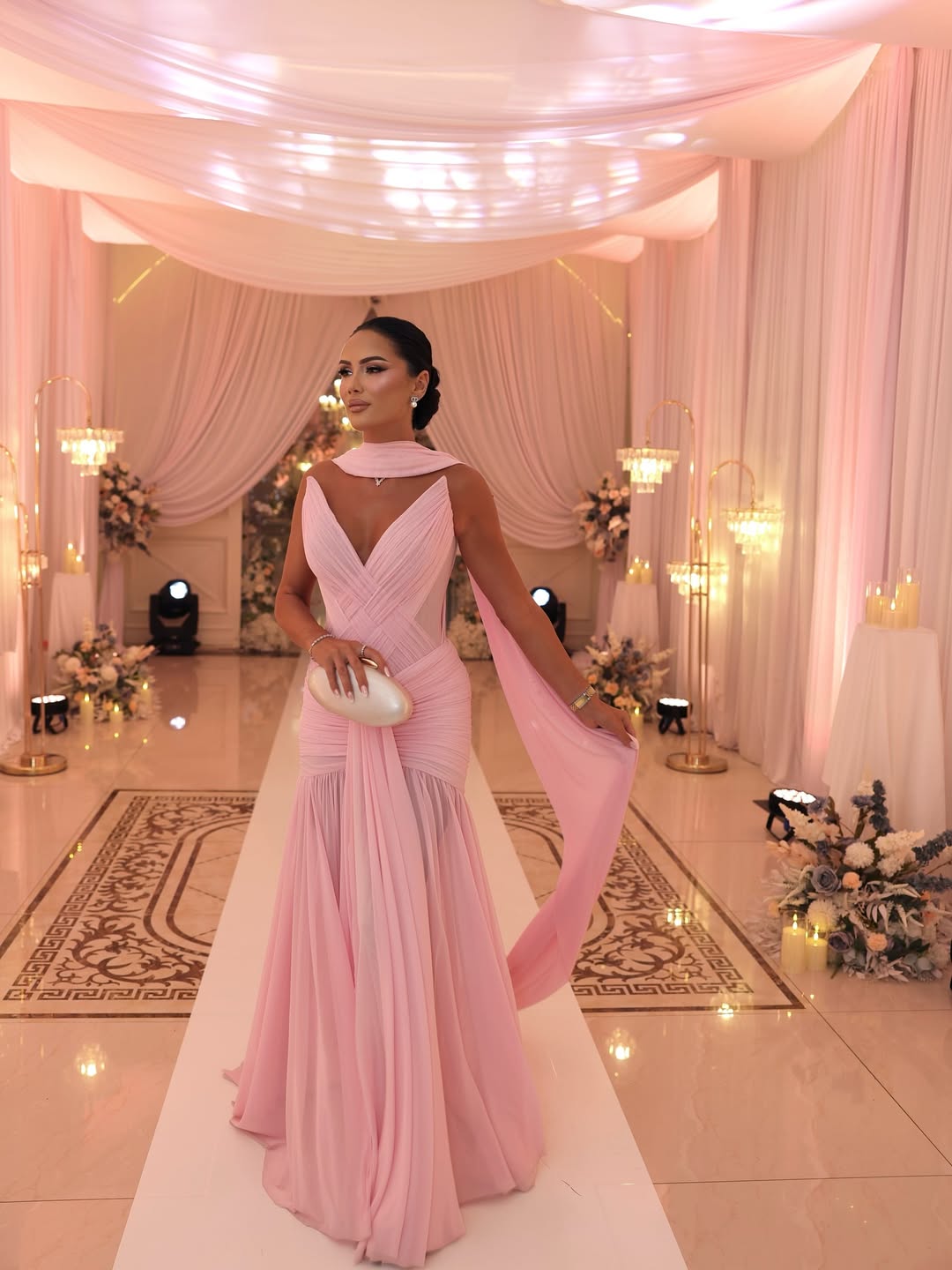 Blushing Pink Draped Sleeveless Evening Gown