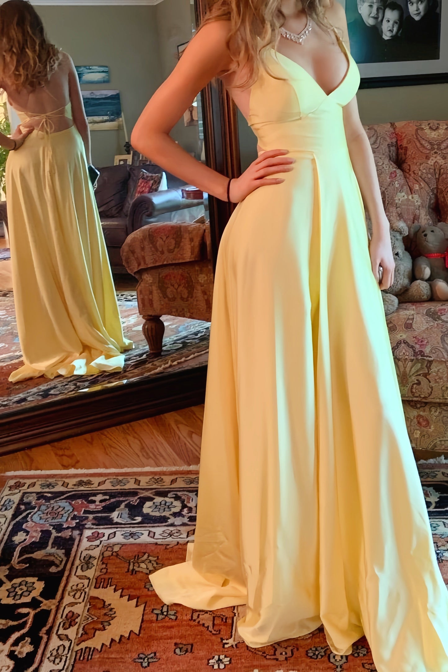 Yellow Long Spaghetti Straps A-line Dress