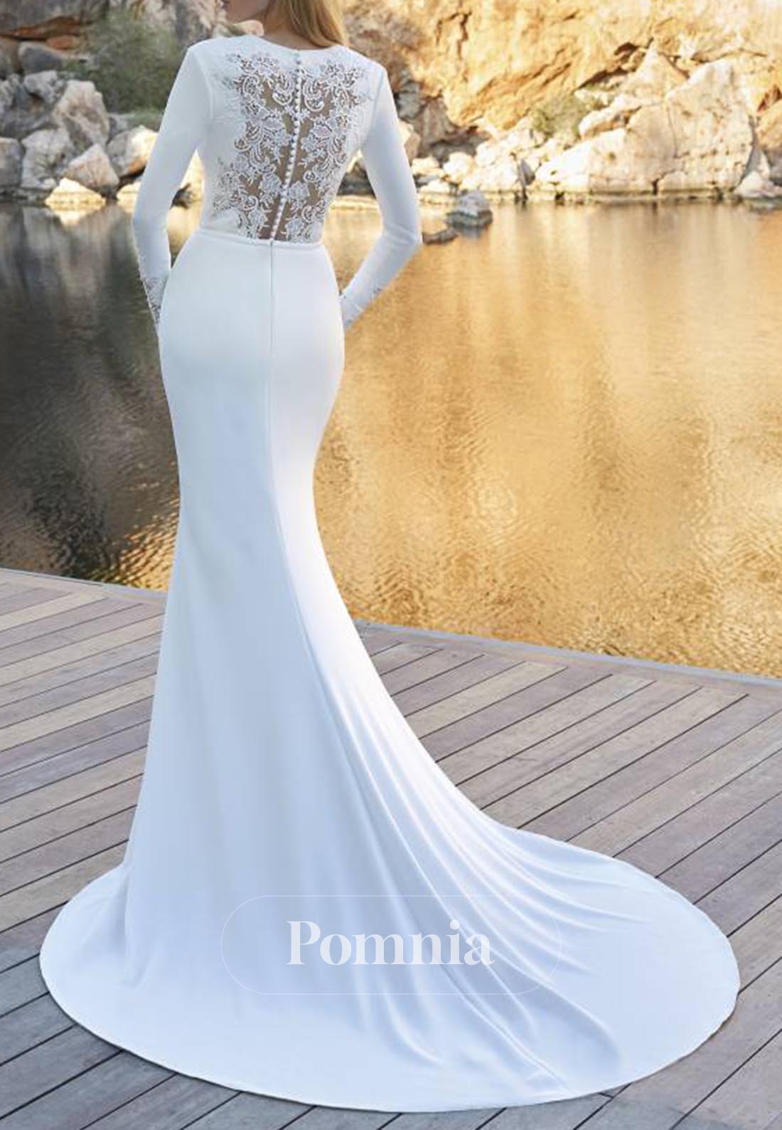 Elegant Long Sleeves V-Neck Slit Mermaid Wedding Dress