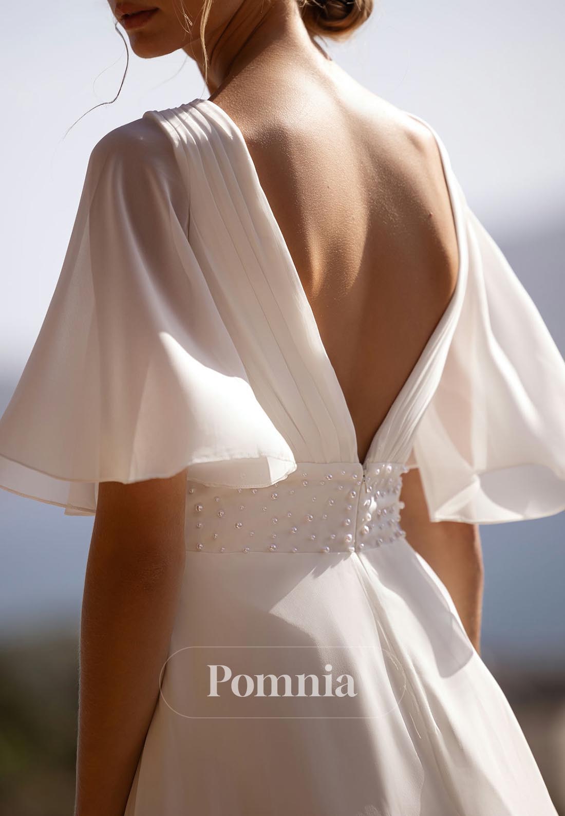 A-Line Short Sleeves V-Neck Backless Pearls Chiffon Wedding Dress