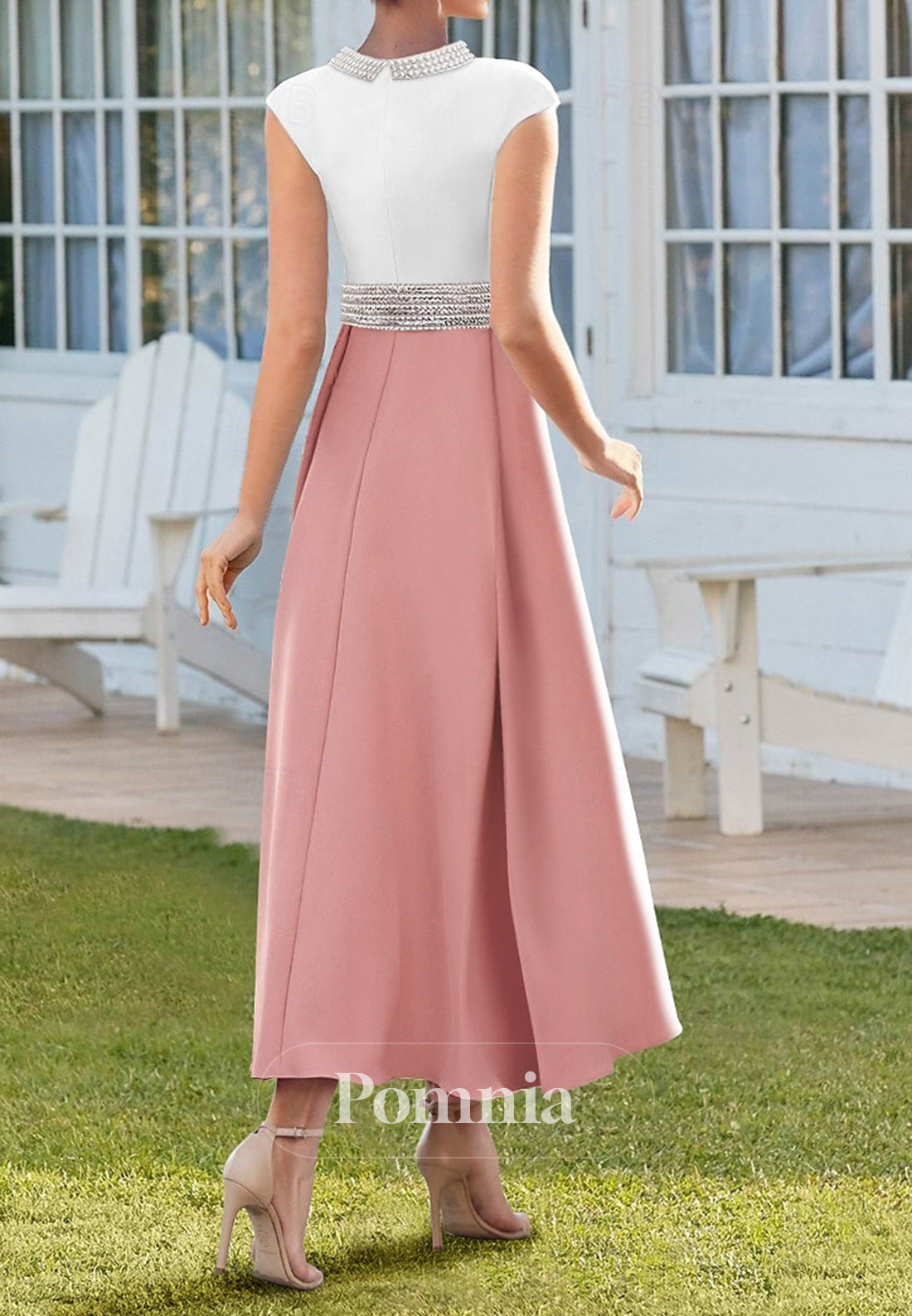 Elegant Vintage Jewel Stretch Fabric Short Sleeve Mother of the Bride Dress