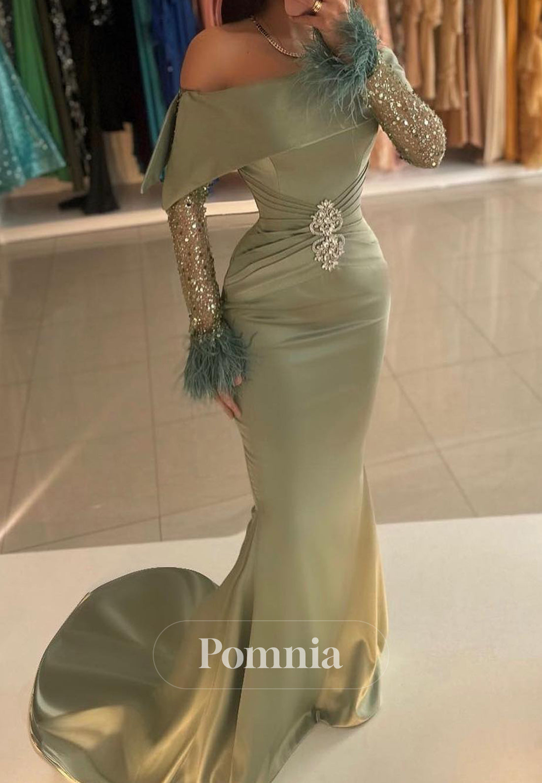 Dusty Sage Long Sleeves Off-Shoulder Feathers Evening Dress