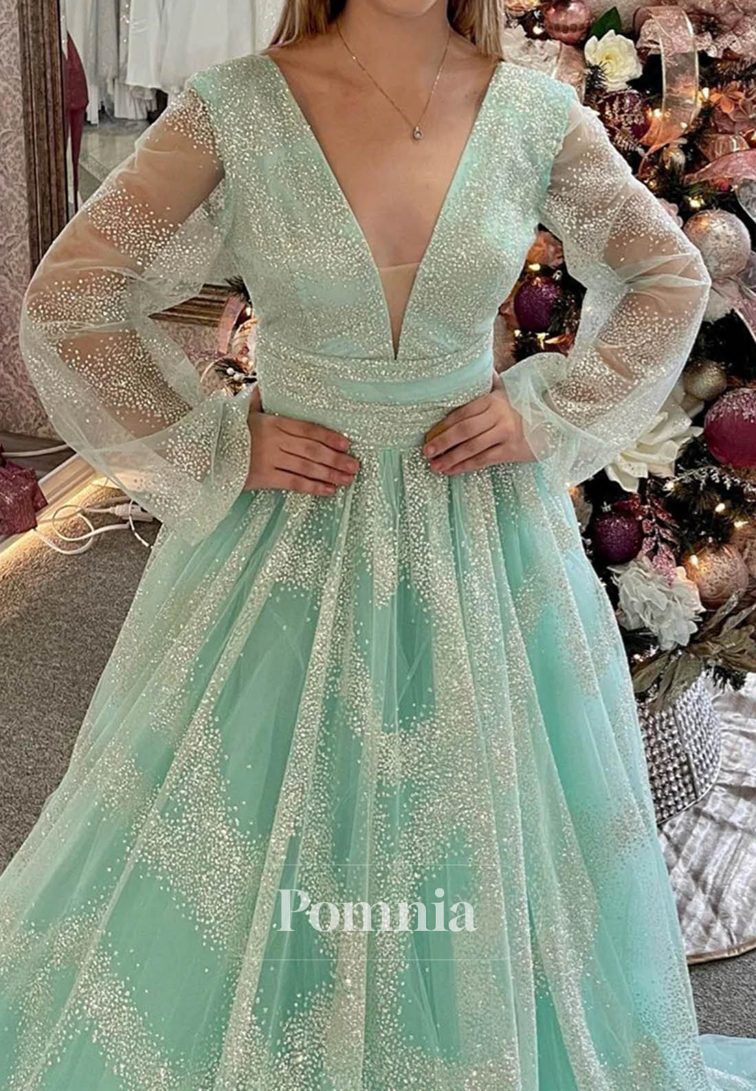 Dusty Sage Plunging V Neck Illusion Sleeves Beaded Long Prom Dress