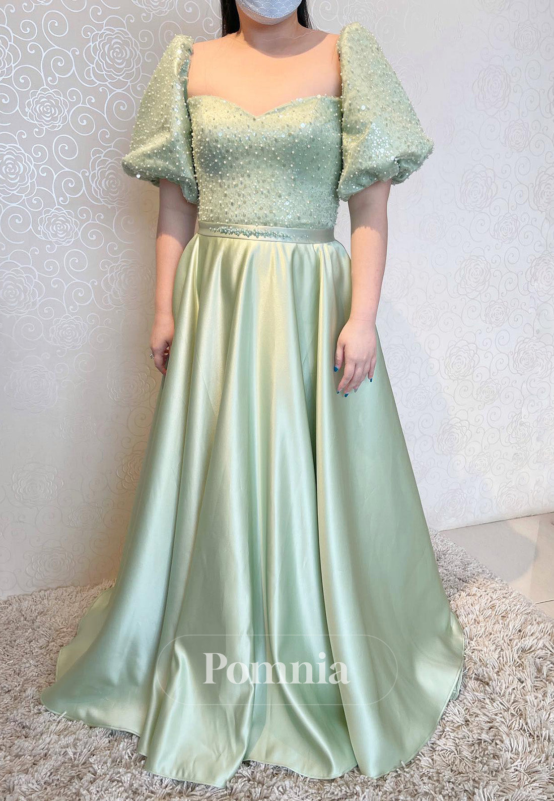 Dusty Sage Short Sleeves Square A-Line Prom Dress