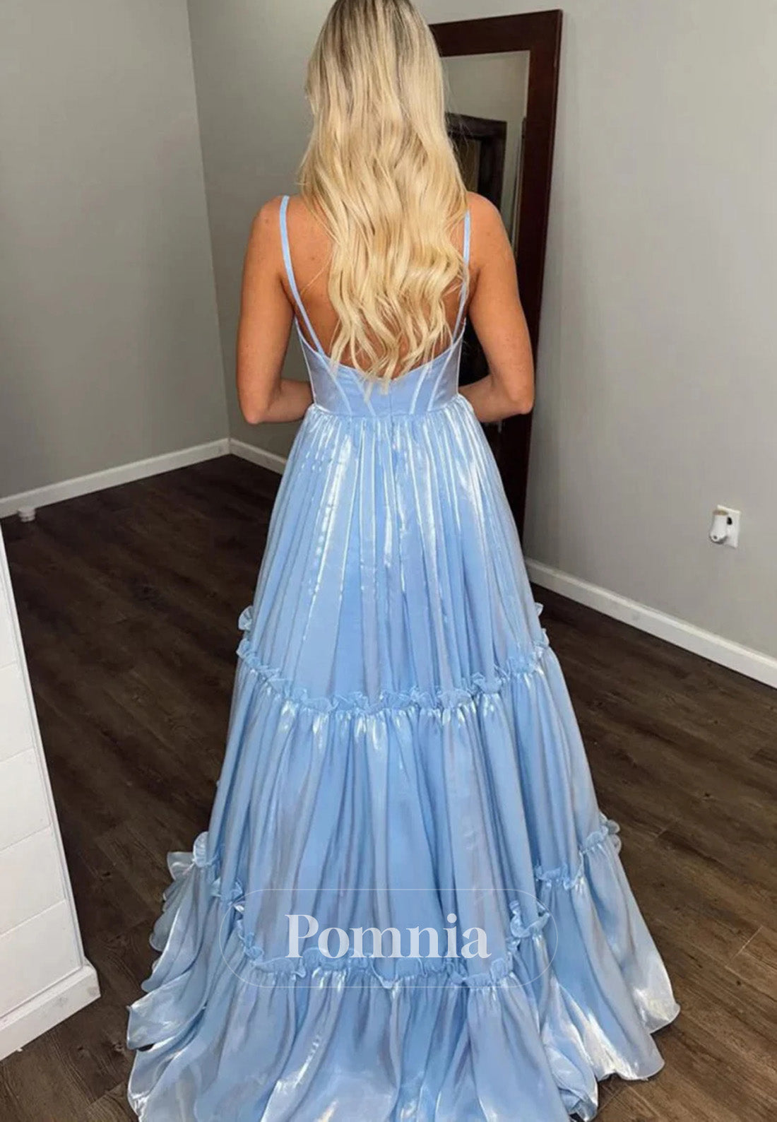 Cute A-Line V-Neck Light Blue Glitter Organza Satin Prom Dress