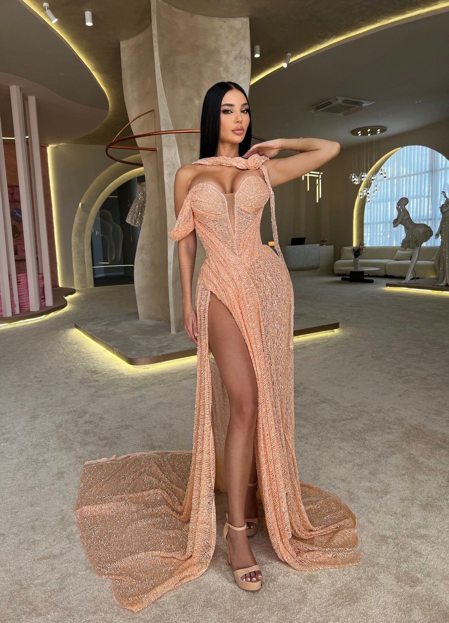 Light Coral Off Shoulder Side Slit Ruched Sweep Train Formal Prom Dress