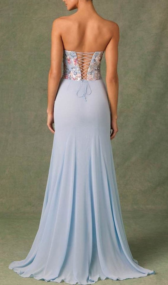 Fairy Blue Embroidery Floral Prom Dresses Slim Chiffon Evening Party Dress