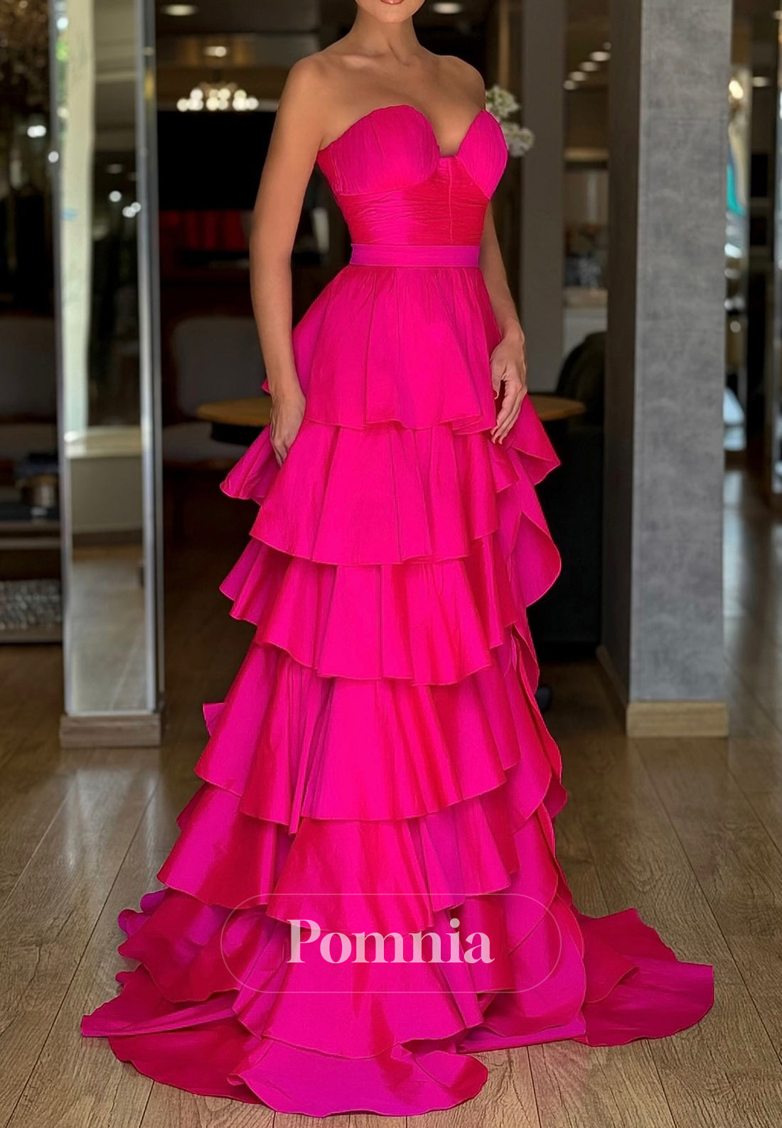 Fuchsia A-Line Sleeveless Strapless Ruffles Slit Evening Dress
