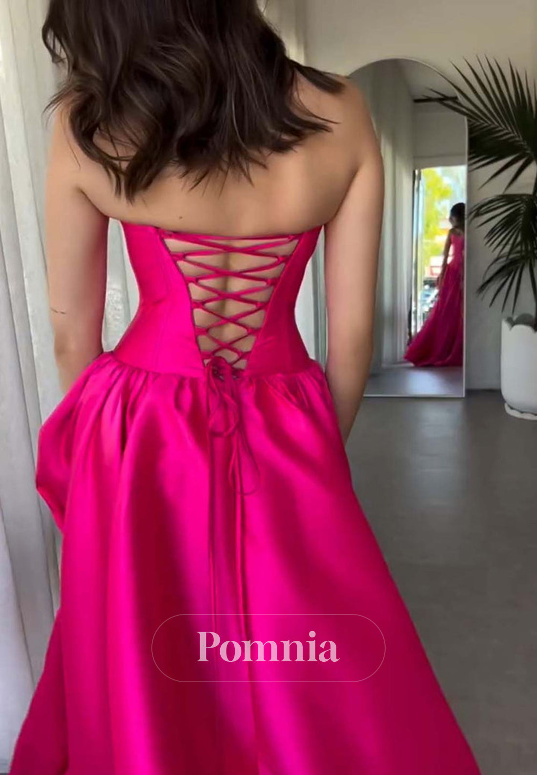 Fuchsia Strapless Sleeveless Long Bright Lace-Up Back Prom Party Dress