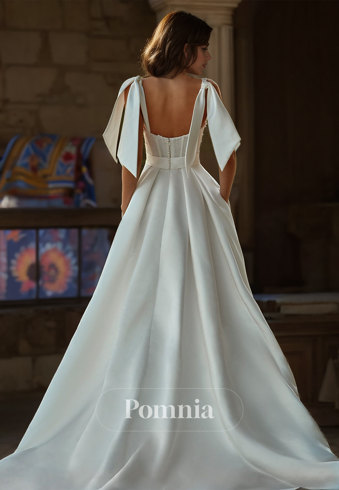 A-Line Spaghetti Straps Square Empire-Waist Backless Satin Wedding Dress