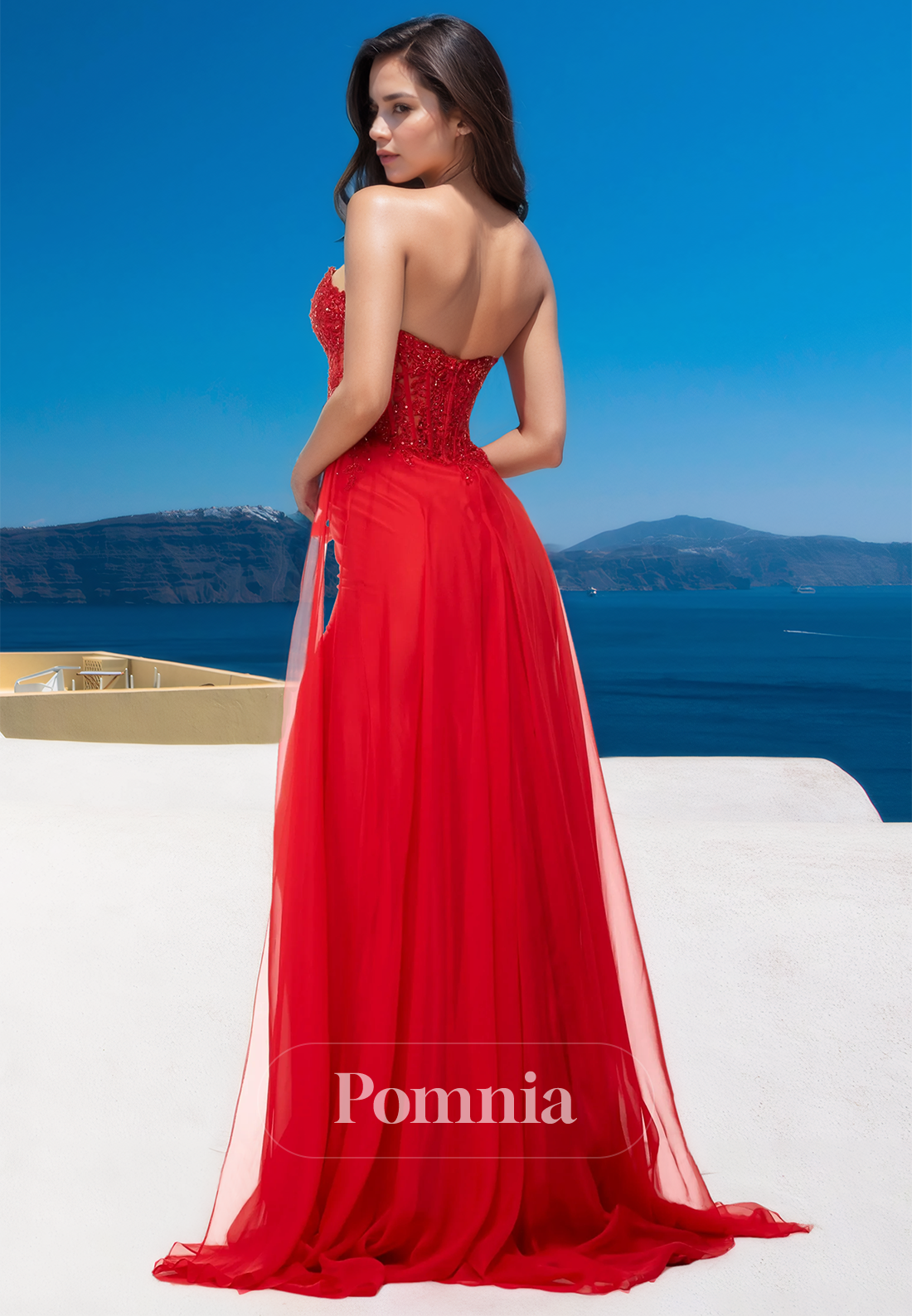 Red Strapless Sleeveless Prom Dress with Slit Ruched Floor-Length Evening Party Dress