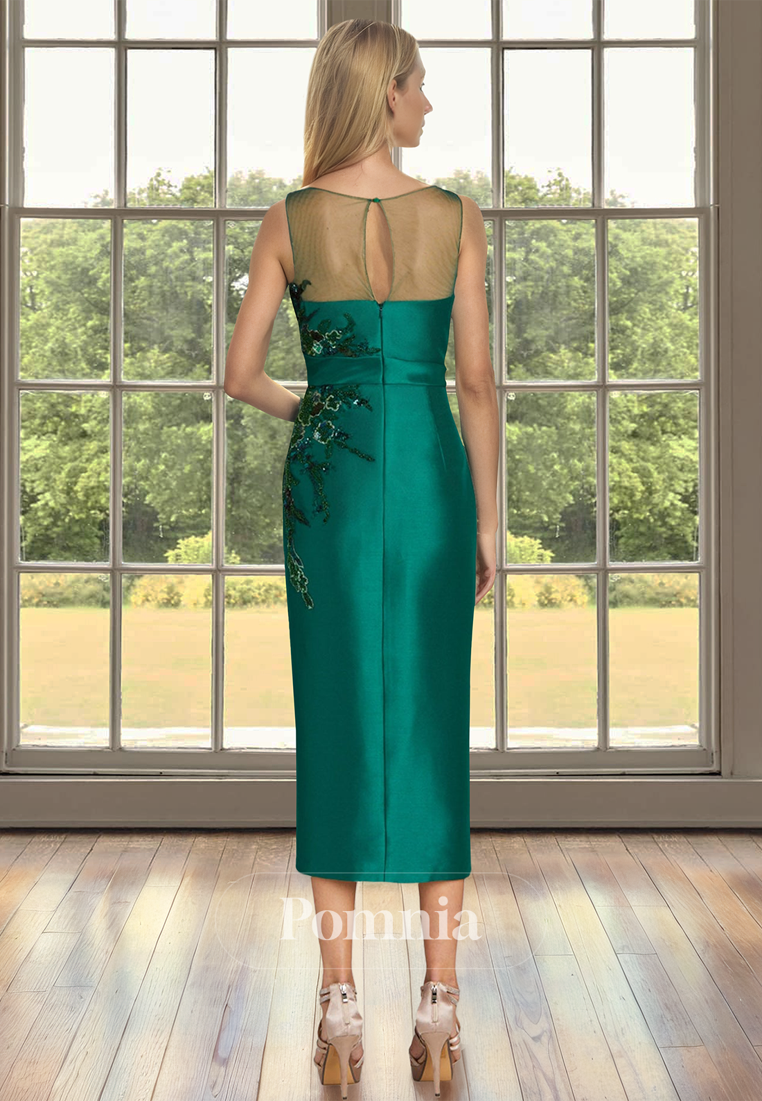 Dark Green Scoop Sleeveless Appliques Ruched Satin Mother of the Bride Dress