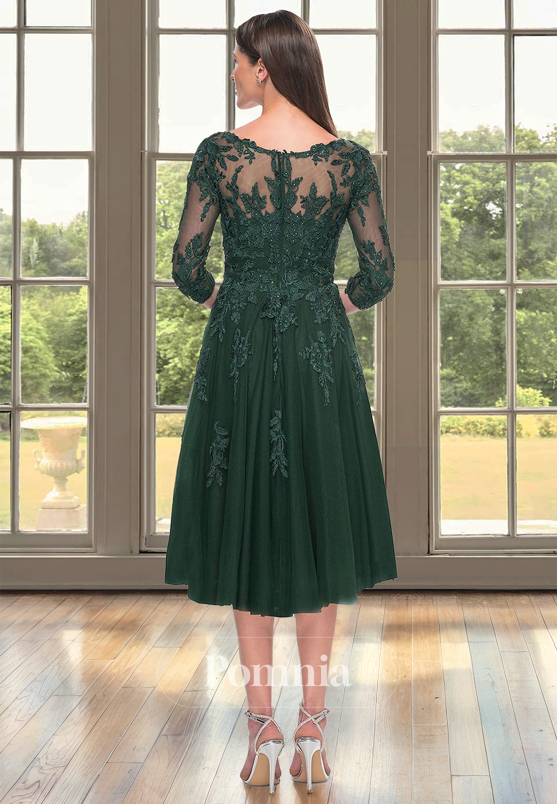 Dark Green Half Sleeves Floral Appliques Knee-Length Mother of the Bride Dress