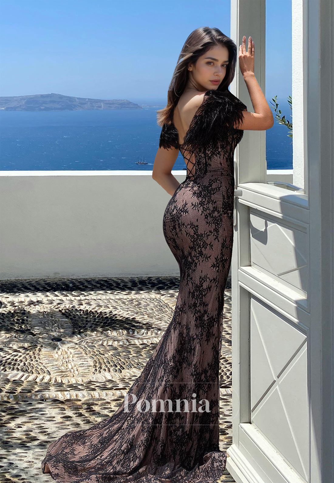 Sheath Spaghetti Straps Scoop Prom Dress with Feathers Slit Evening Party Dress