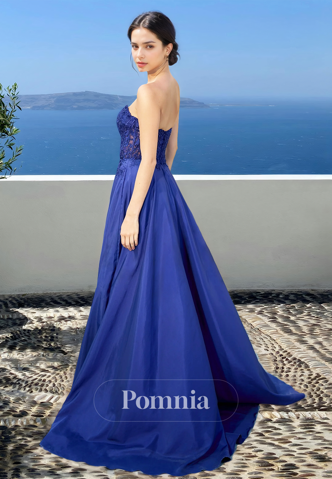 Royal Blue A-Line Strapless Sleeveless Illusion Corset Tulle Prom Evening Dress