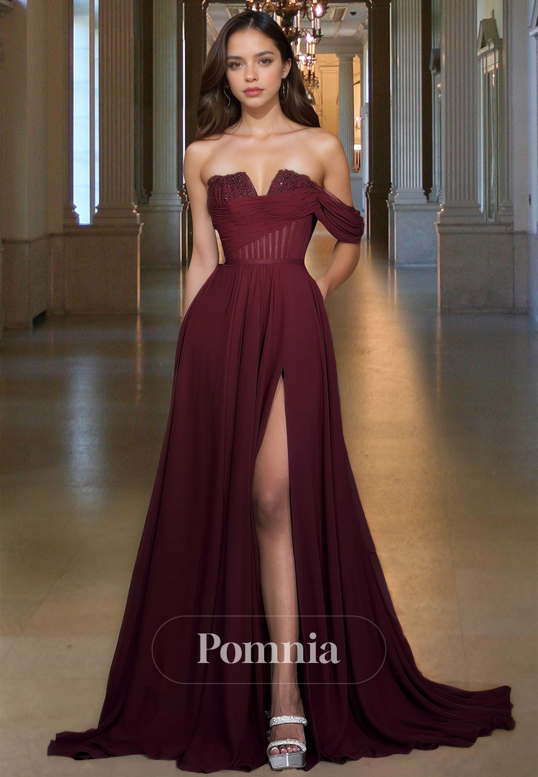Chic A-Line One Shoulder Cap Sleeves Prom Dress with Slit Corset Tulle Evening Party Dress