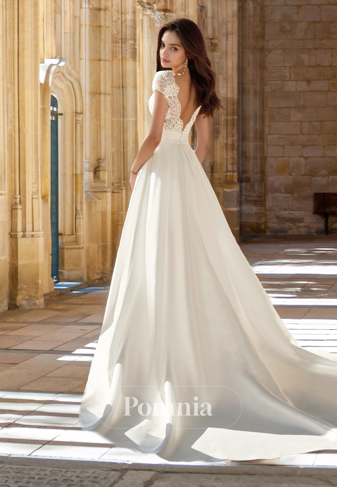 Elegant A-Line Short Sleeves V-Neck Corset Tulle Slit Sweep Train Satin Wedding Dress