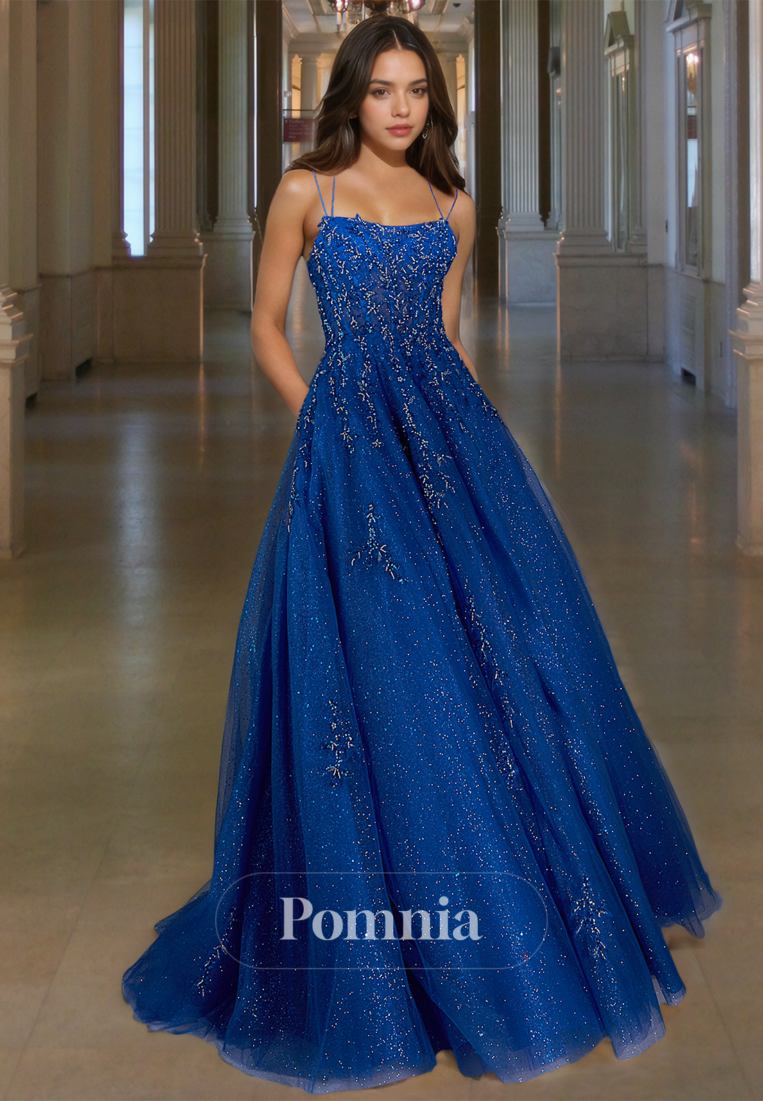 Charming Spaghetti Straps Scoop Prom Dress with Appliques Corset Tulle Lace-Up Back Evening Party Dress