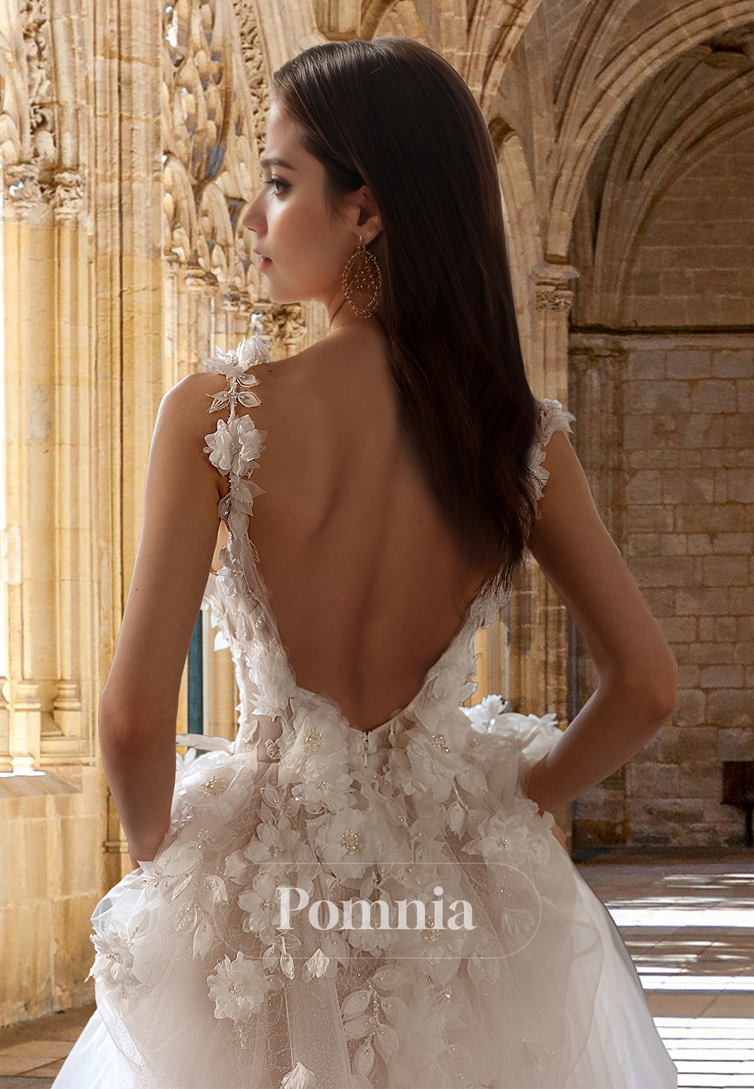 A-Line V-Neck Spaghetti Straps Floral Embellished Backless Lace Wedding Dress