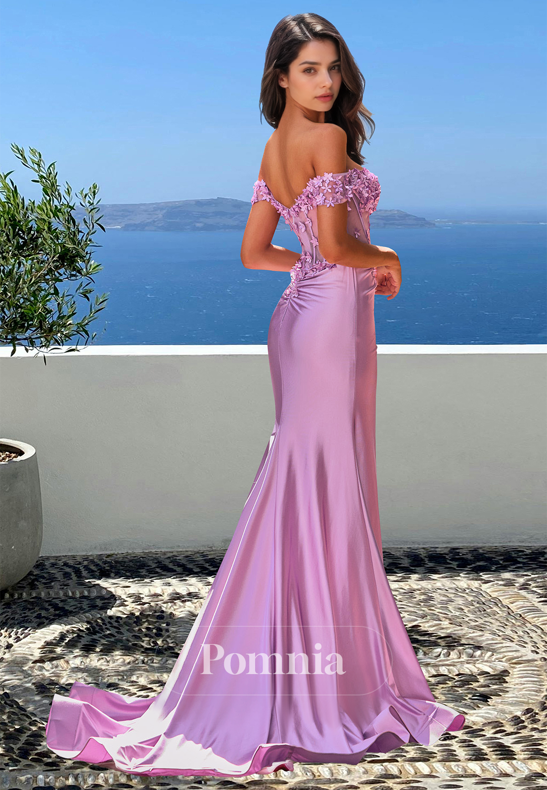 Lilac Off-Shoulder Sleeveless Floral Appliques Pleated Sheath Prom Dress
