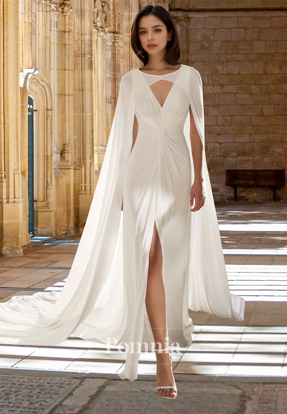 Simple V-Neck Sleeveless Ruched Sheath Slit Beach Wedding Dress