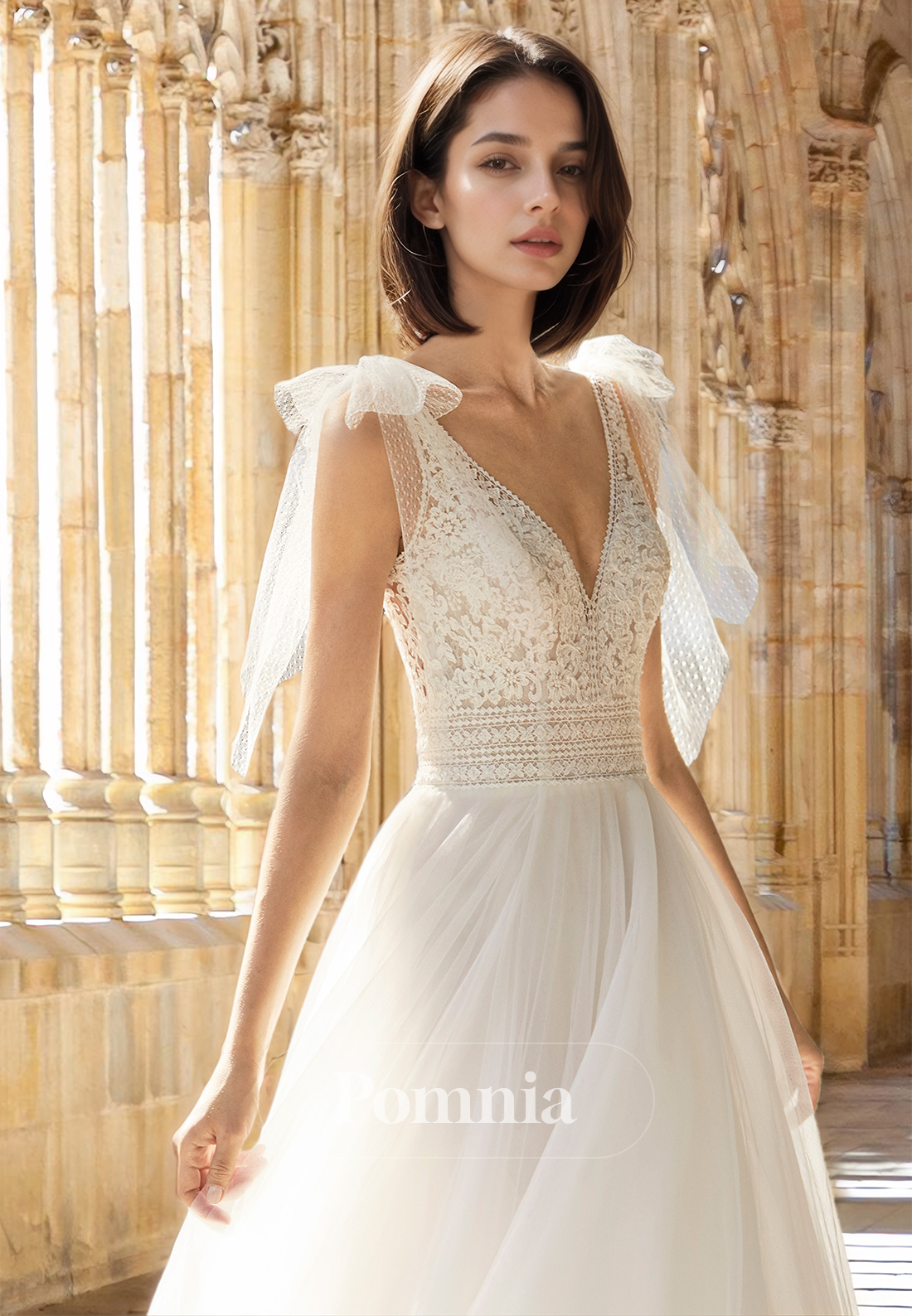 V-Neck Spaghetti Straps Lace Appliques Pleated Romantic Wedding Dress