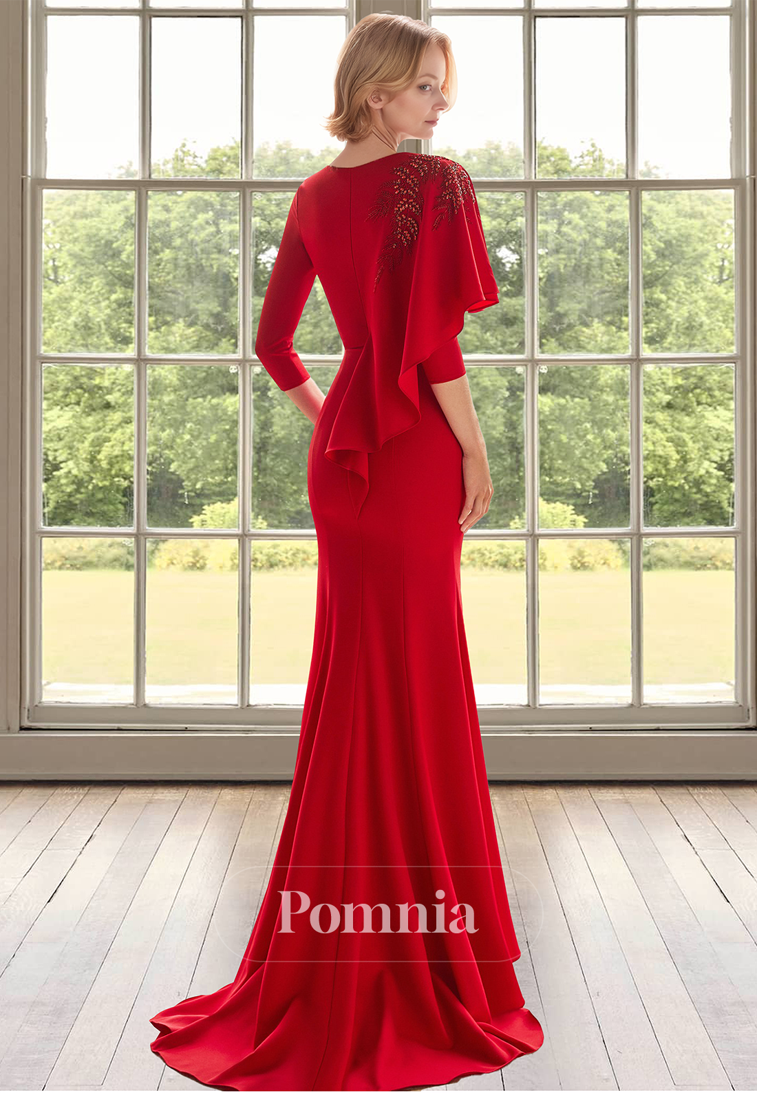 Red V-Neck Half Sleeves Appliques Chiffon Floor-Length Mother of the Bride Dress