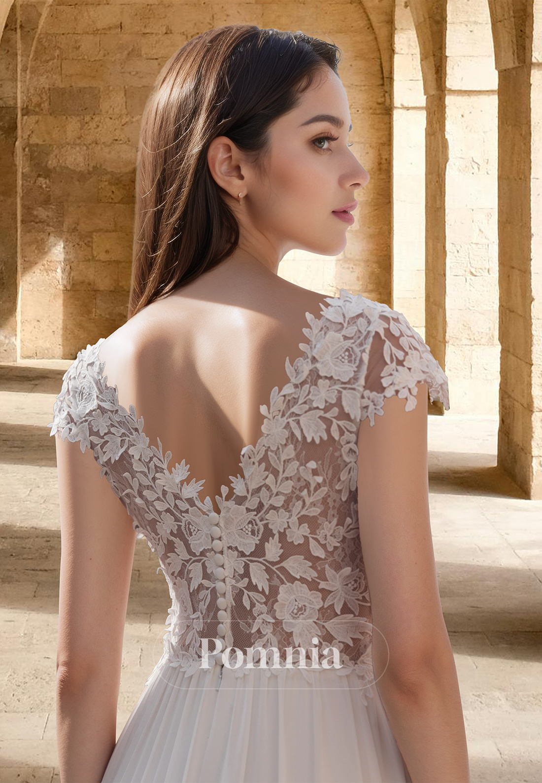 A-Line Short Sleeves V-Neck Illusion Corset Tulle Empire-Waist Satin Wedding Dress