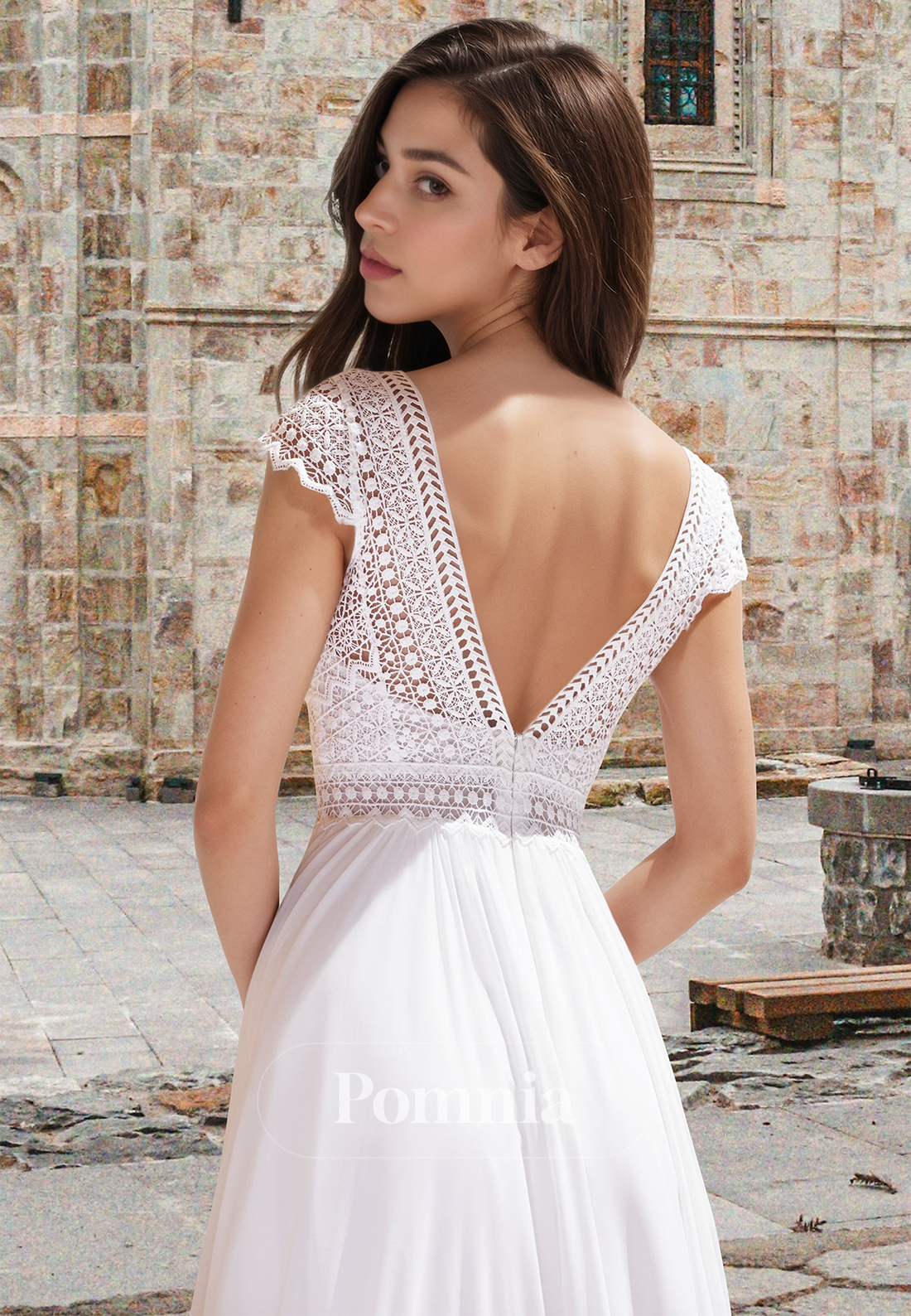 Simple A-Line Cap Sleeves V-Neck Empire-Waist Slit Backless Boho Wedding Dress