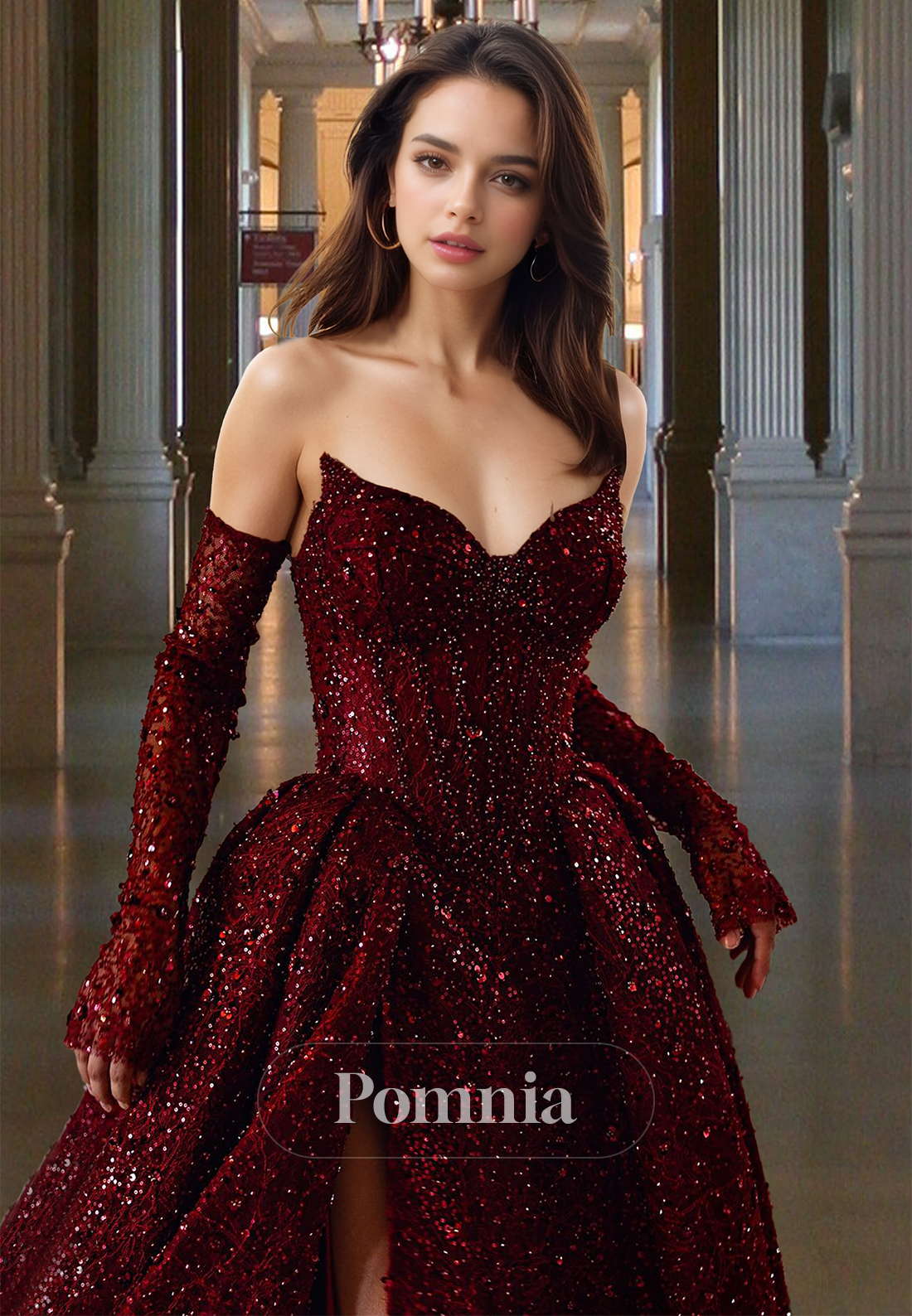 Sparkly A-Line V-Neck Sleeveless Pleated Side Slit Sequins Prom Dress