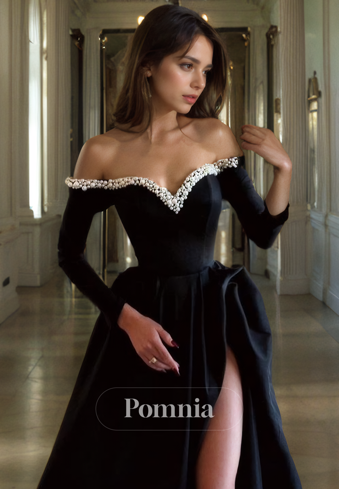 P2000 - Stunning A-Line Strapless Empire-Waist Pearls Long Prom Formal Dress with Slit