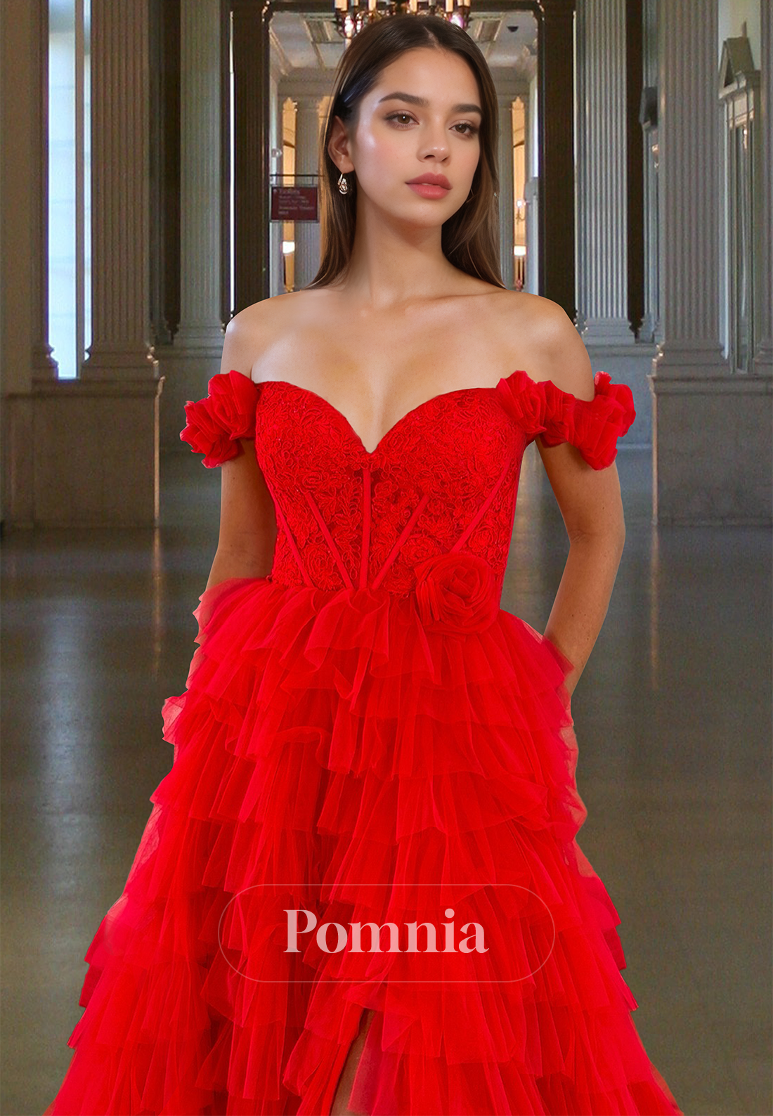 Red A-Line Off-Shoulder Backless Prom Dress with Train Empire-Waist Evening Party Dress