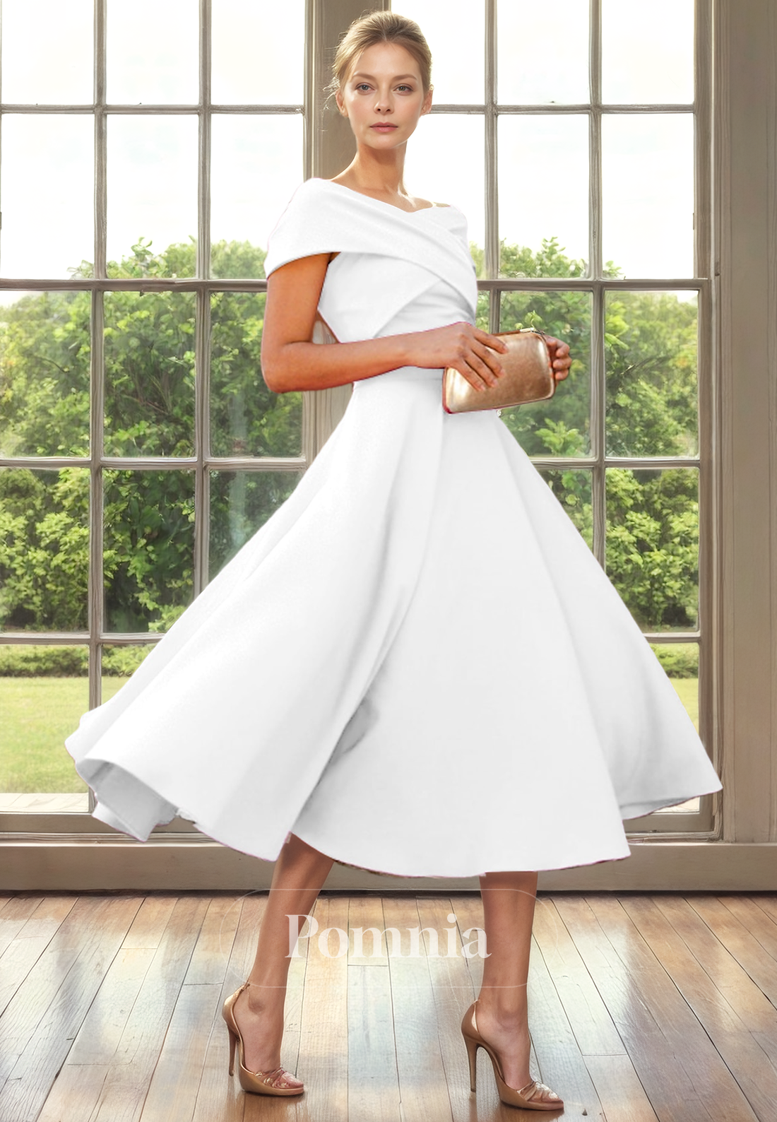 A-Line Off Shoulder Cap Sleeevs Pleated Long Mother of Bride Dress