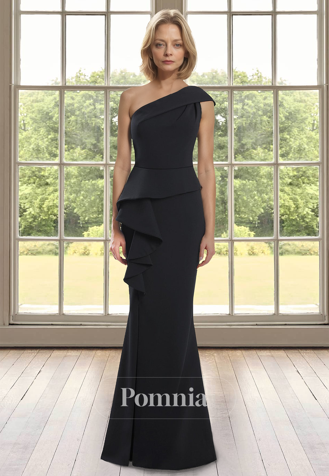 Sheath One Shoulder Sleeveless Empire-Waist Floor-Length Satin Mother of the Bride Dress