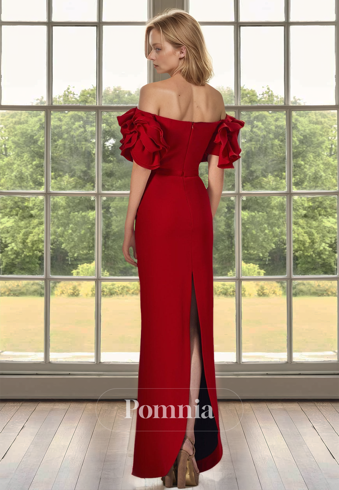 Red Sheath Off-Shoulder Short Sleeves Slit Satin Mother of the Bride Dress