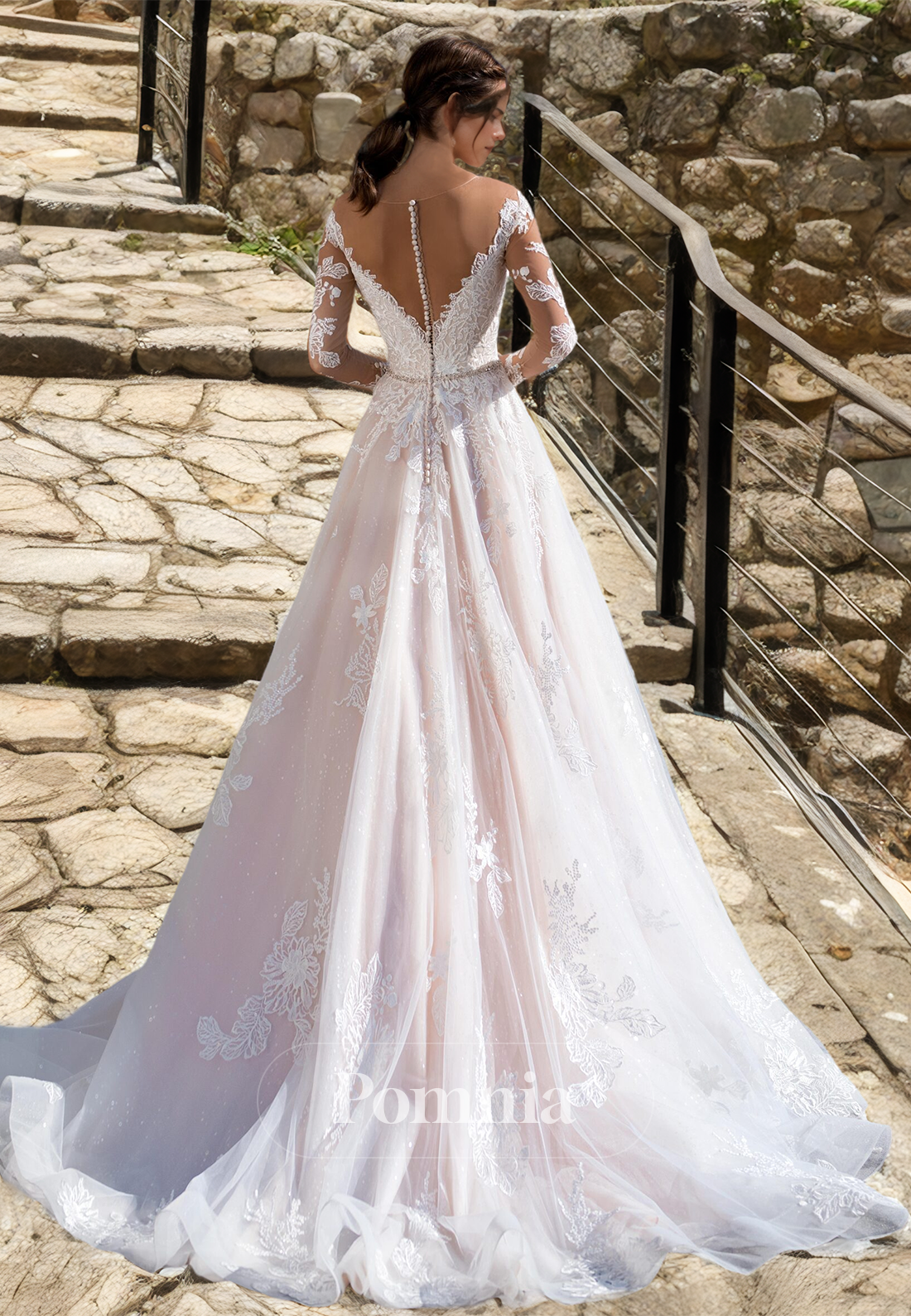 A-Line Long Sleeves V-Neck Court Train Appliques Lace Wedding Dress