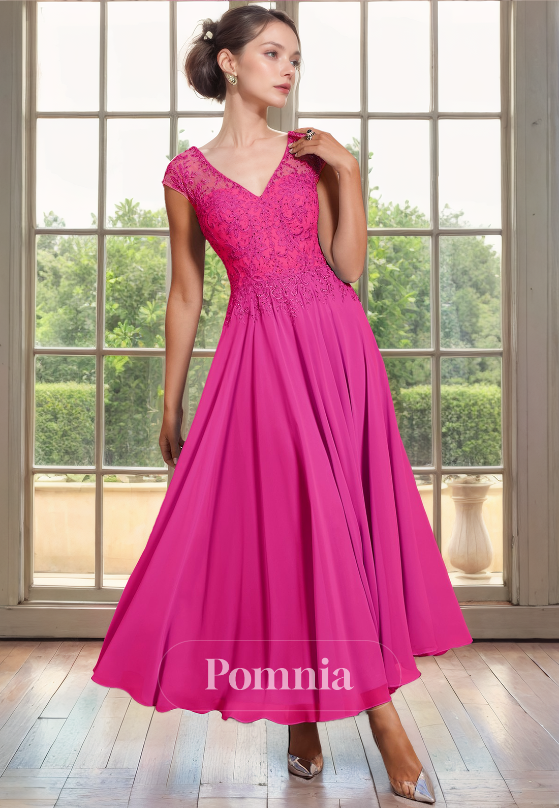 A-Line V Neck Pleated Short Sleeves Lace Appliques Long Mother of Bride Dress