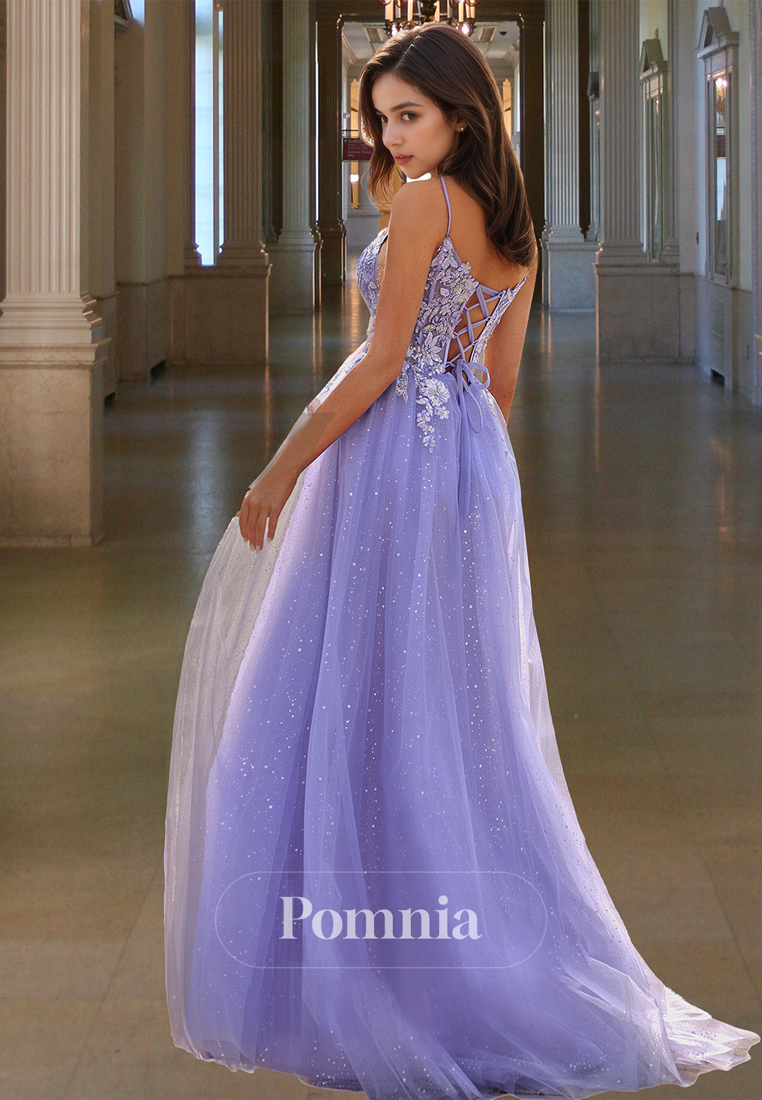 Lilac A-Line Spaghetti Straps Sweetheart Prom Dress with Slit Appliques Evening Party Dress
