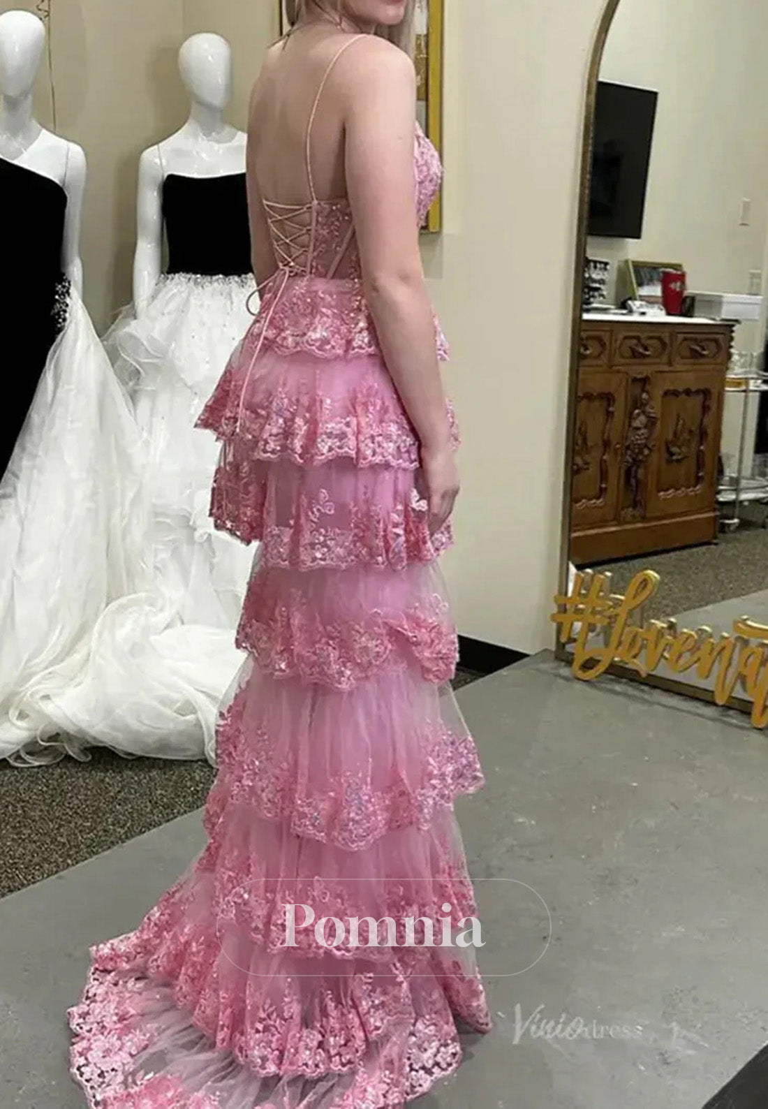 Hot Pink Tiered Sequin Prom Dress V Neck Formal Dress Mychicdress