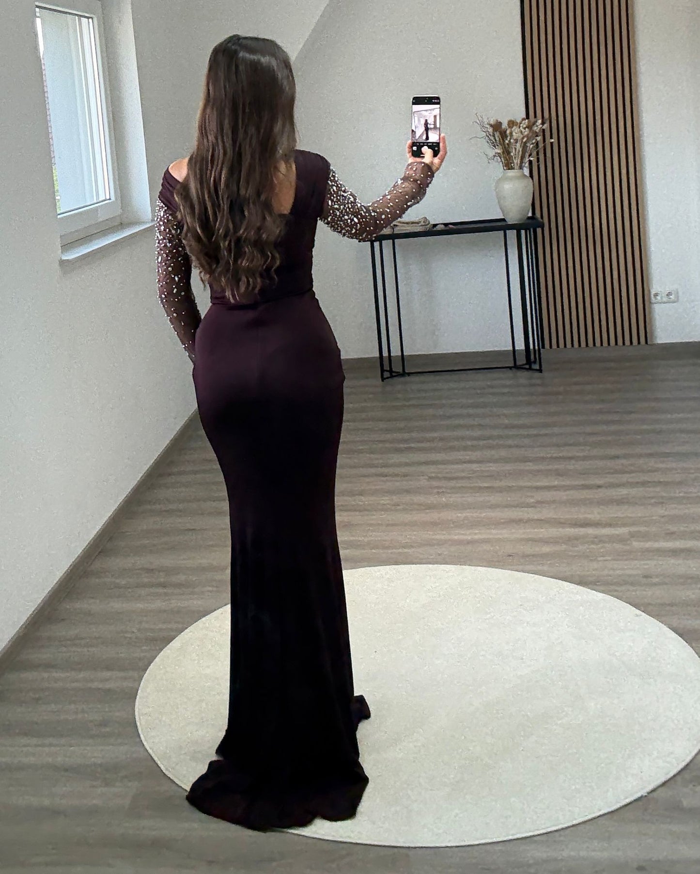 Long Sleeves Pearls Corset Evening Party Dress