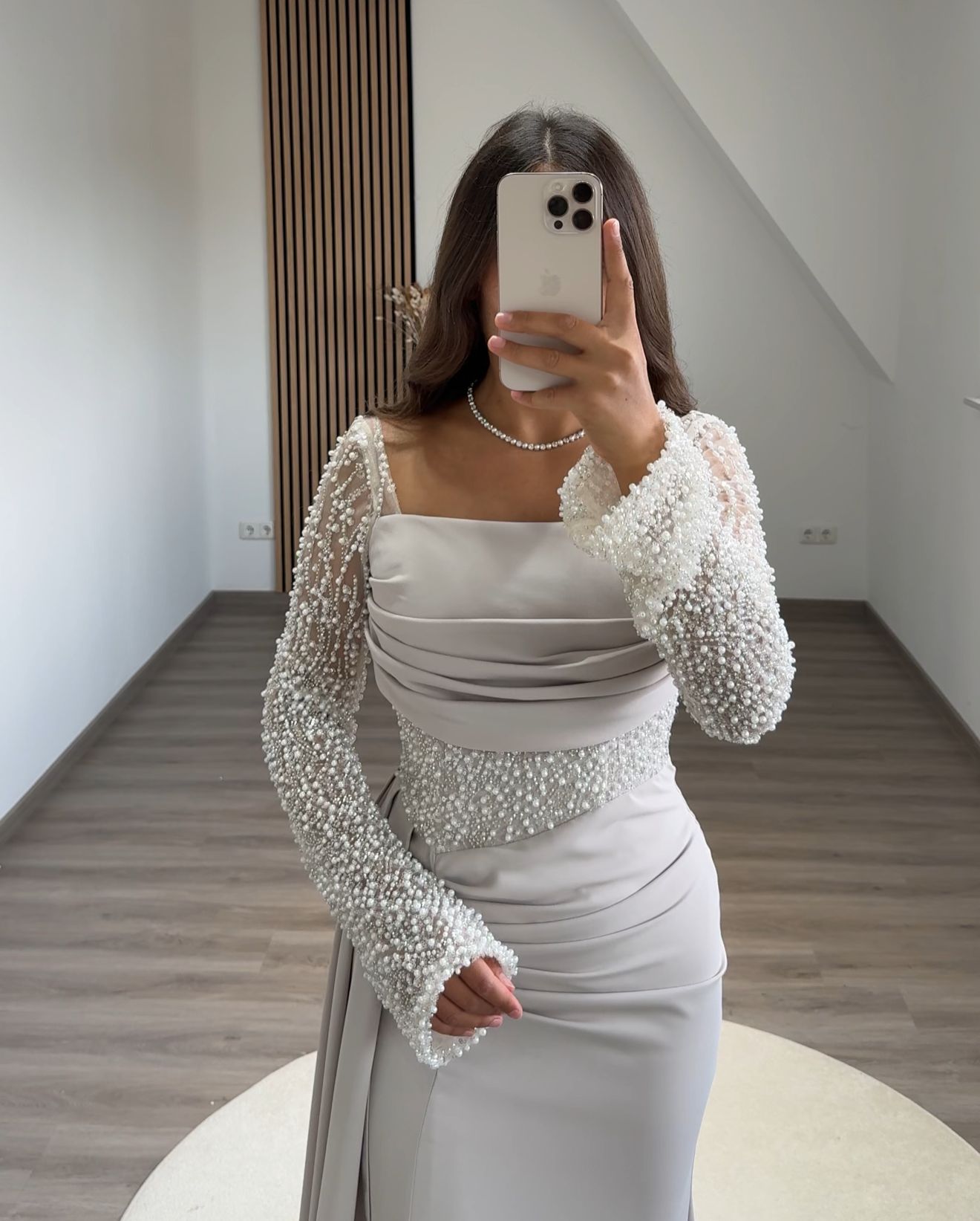 Sheath Long Sleeves Scoop Prom Dress with Pearls Corset Evening Dress