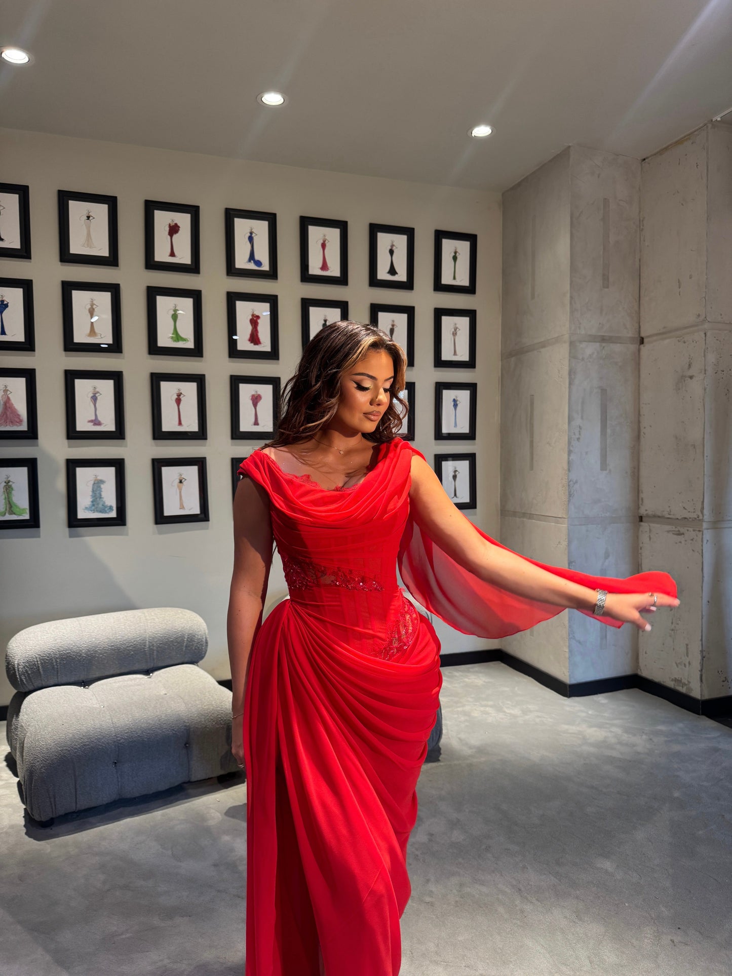 Red Draped Maxi Dress with Boned Corset & Lace Embellishment