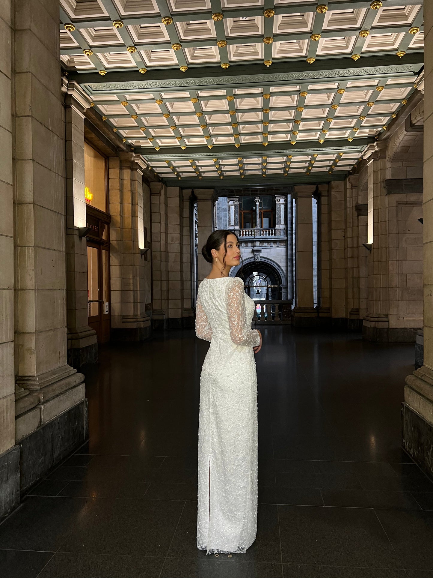 Ivory Suqare Neck Long Sleeves Beaded Floor Length Column Evening Dress