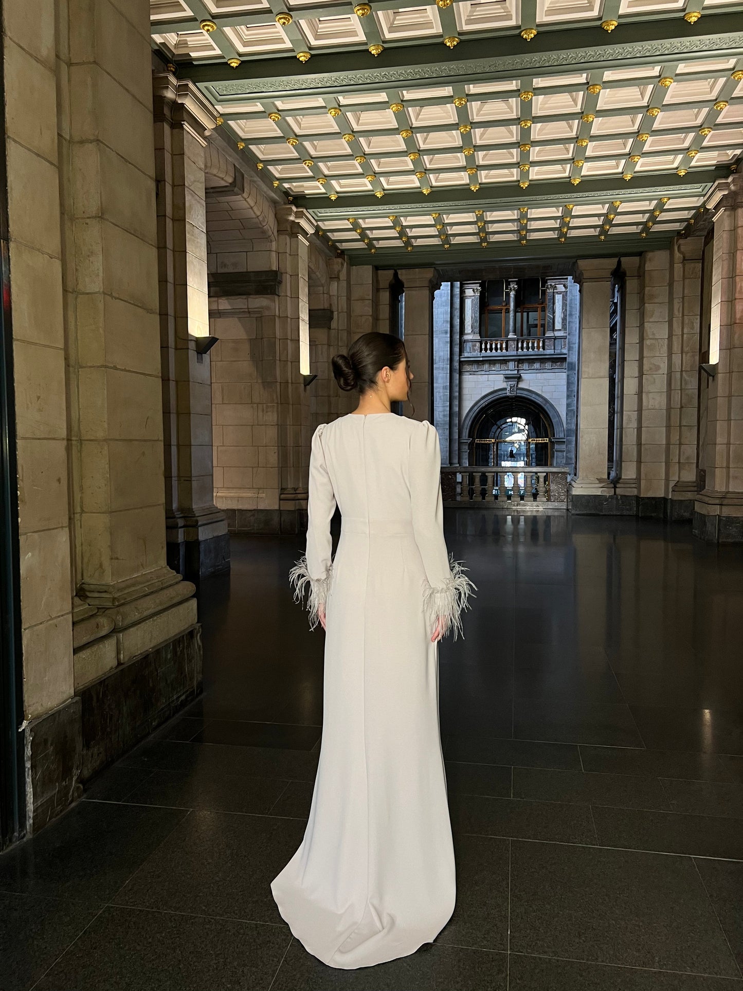 Ivory Bateau Neck Long Sleeves Feather Ruched Sheath Evening Dress